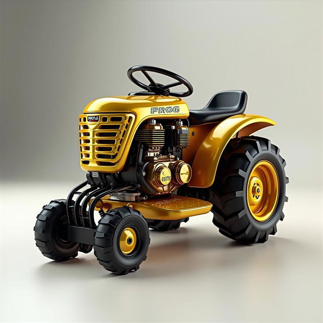 A captivating 3D representation of a gas-powered cultivator (moto cultivador) in striking gold and black colors, prominently featuring the word 'PROG'