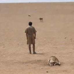 Adding to the previous scene, a lonely shepherd is present, shedding tears as he overlooks the lifeless livestock scattered across the parched and barren Earth.