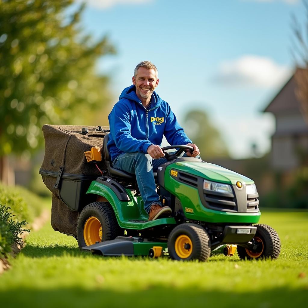 A cheerful gardener wearing a blue jacket with the word 'PROG' embroidered on it, confidently driving a lawn mower tractor across a lush green lawn