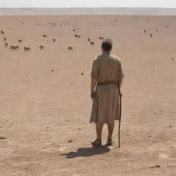 Adding to the previous scene, a lonely shepherd is present, shedding tears as he overlooks the lifeless livestock scattered across the parched and barren Earth.