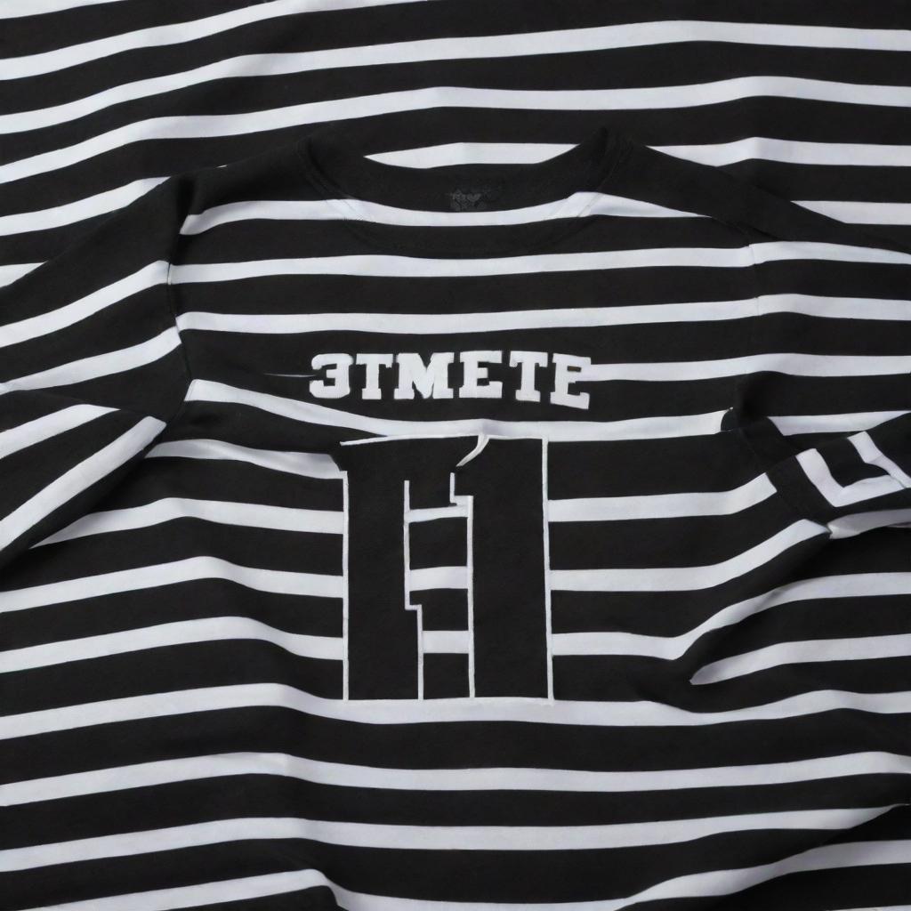 Generate an image of a black and white striped jersey with horizontal stripes, a personalized name centered on the back, and a large shuttle design featured prominently.