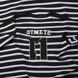 Generate an image of a black and white striped jersey with horizontal stripes, a personalized name centered on the back, and a large shuttle design featured prominently.