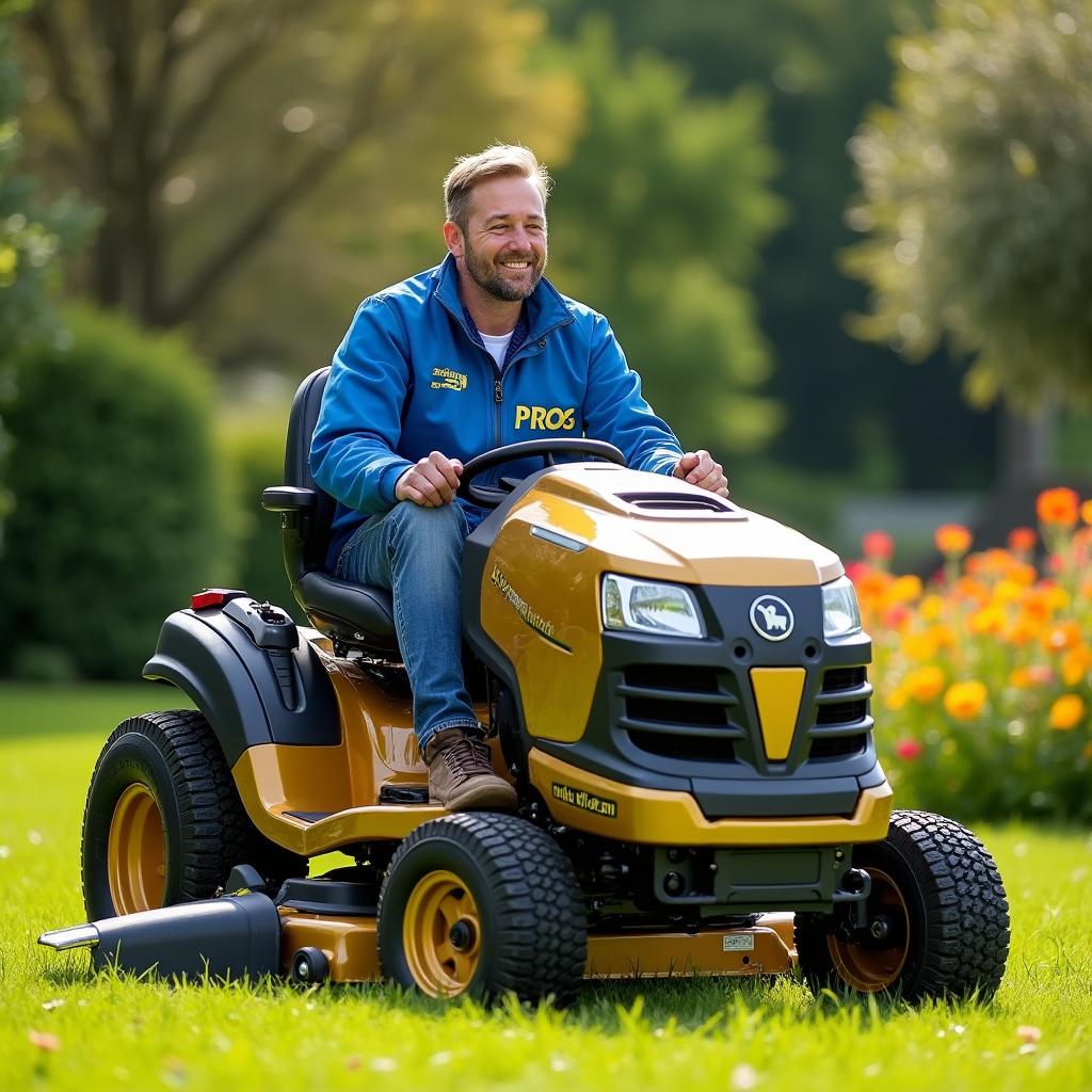 A lively scene featuring a gardener wearing a blue jacket with the word 'PROG' embroidered on it, joyfully driving a gold and black lawn mower tractor, which also displays the word 'PROG' along with a cocker spaniel symbol