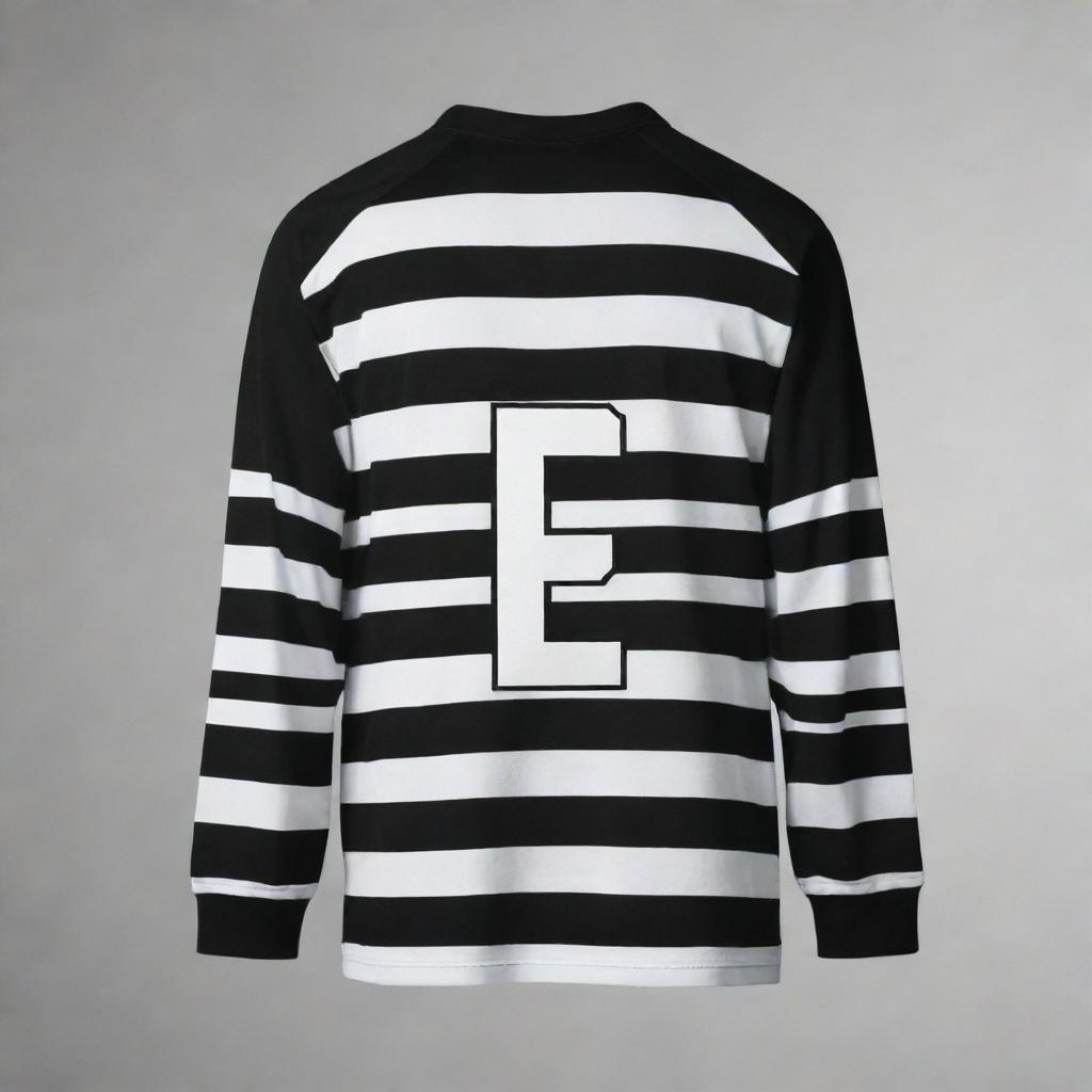 Generate an image of a black and white striped jersey with horizontal stripes, a personalized name centered on the back, and a large shuttle design featured prominently.