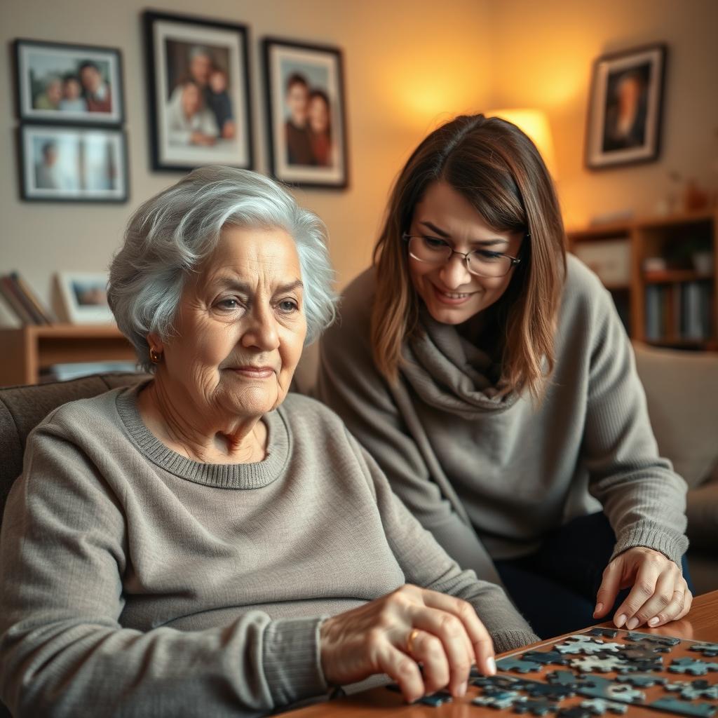 An elderly woman with gray hair showing signs of dementia, sitting in a cozy living room filled with warm lighting