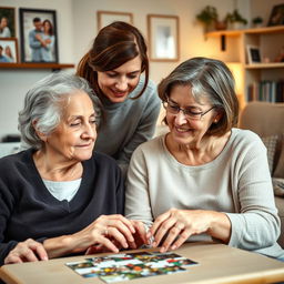 An elderly woman with gray hair showing signs of dementia, sitting in a cozy living room filled with warm lighting