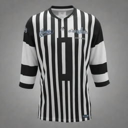 Generate an image of a black and white striped jersey with horizontal stripes, a personalized name centered on the back, and a large shuttle design featured prominently.