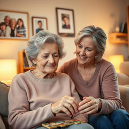 An elderly woman with gray hair showing signs of dementia, sitting in a cozy living room filled with warm lighting