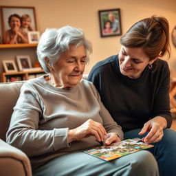 An elderly woman with gray hair showing signs of dementia, sitting in a cozy living room filled with warm lighting