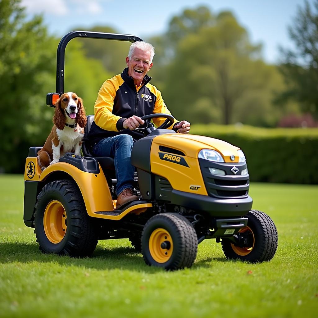 A lively scene featuring a gardener wearing a striking gold and black jacket with the word 'PROG' stitched on it, joyfully driving a gold and black lawn mower tractor that also bears the 'PROG' insignia along with a cocker spaniel symbol