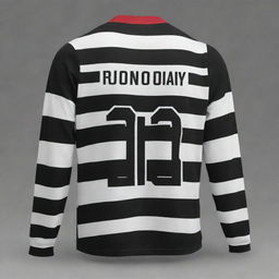 Generate an image of a black and white striped jersey with horizontal stripes, a personalized name centered on the back, and a large shuttle design featured prominently.