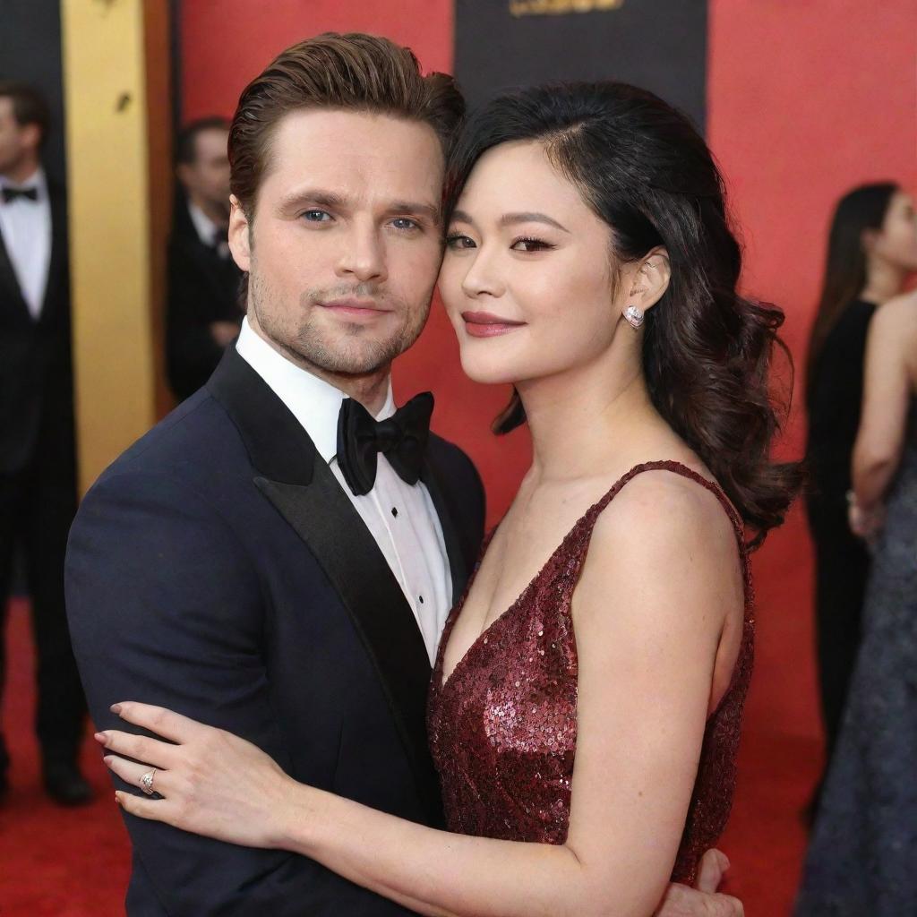 Sebastian Stan and Jennie Kim, dressed in elegant evening wear, embracing each other warmly on a vibrant red carpet