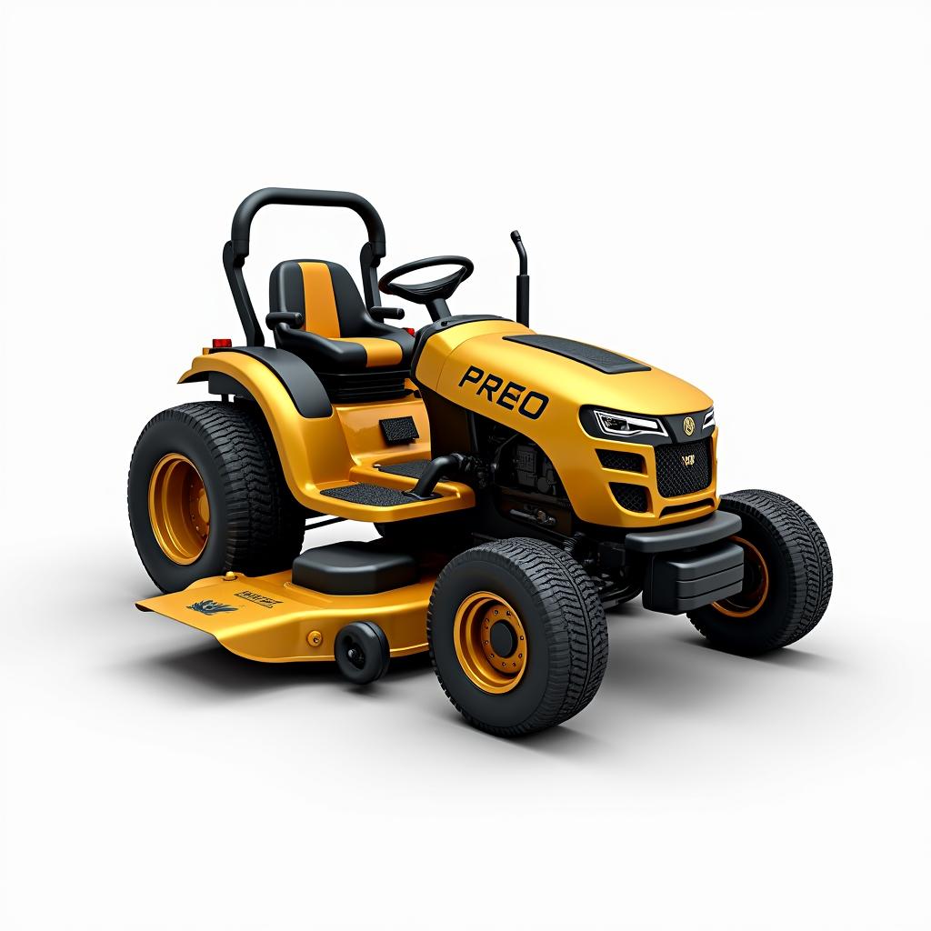 A striking 3D depiction of a lawn mower tractor in eye-catching gold and black colors, prominently featuring the word 'PROG' and an emblem of a Cocker Spaniel