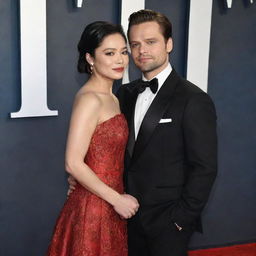 Sebastian Stan and Jennie Kim, dressed in elegant evening wear, embracing each other warmly on a vibrant red carpet