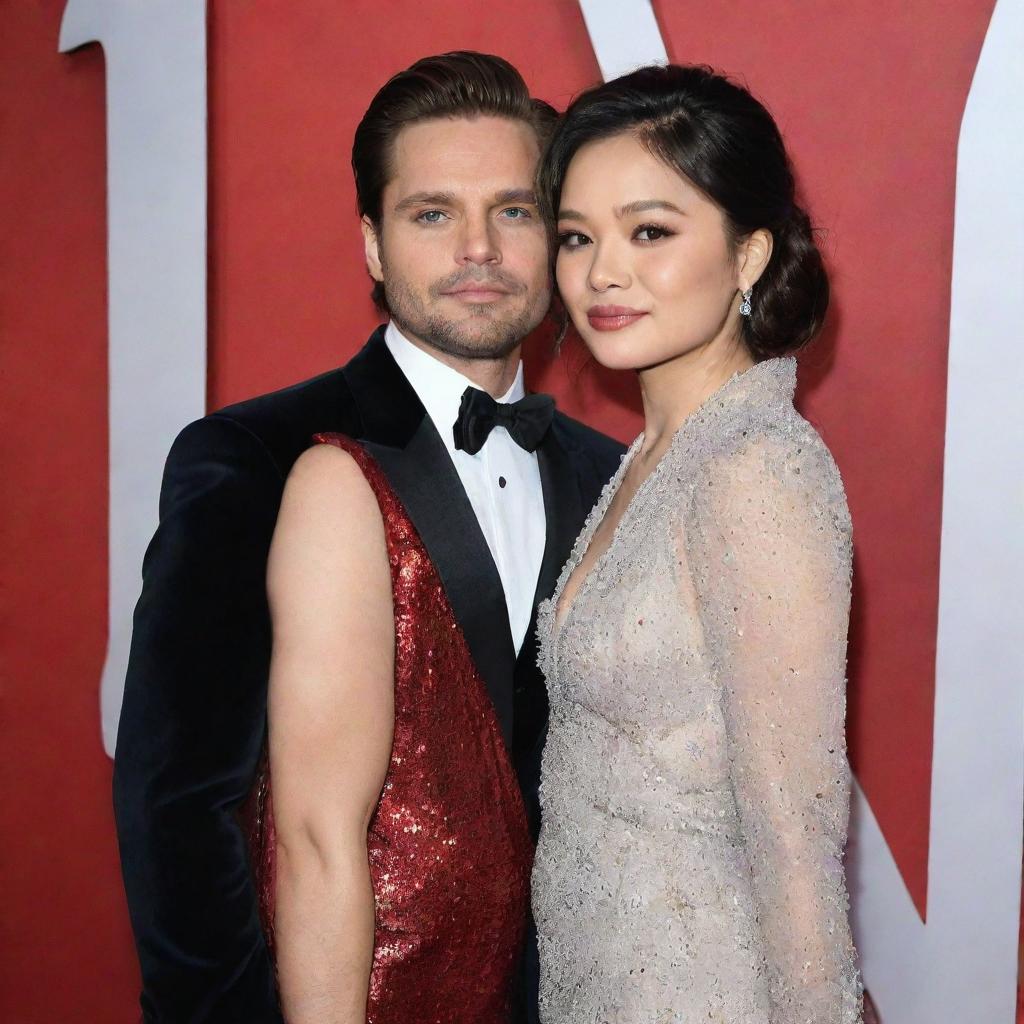 Sebastian Stan and Jennie Kim, dressed in elegant evening wear, embracing each other warmly on a vibrant red carpet