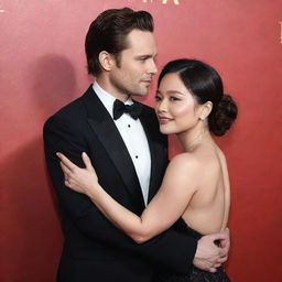 Sebastian Stan and Jennie Kim, dressed in elegant evening wear, embracing each other warmly on a vibrant red carpet