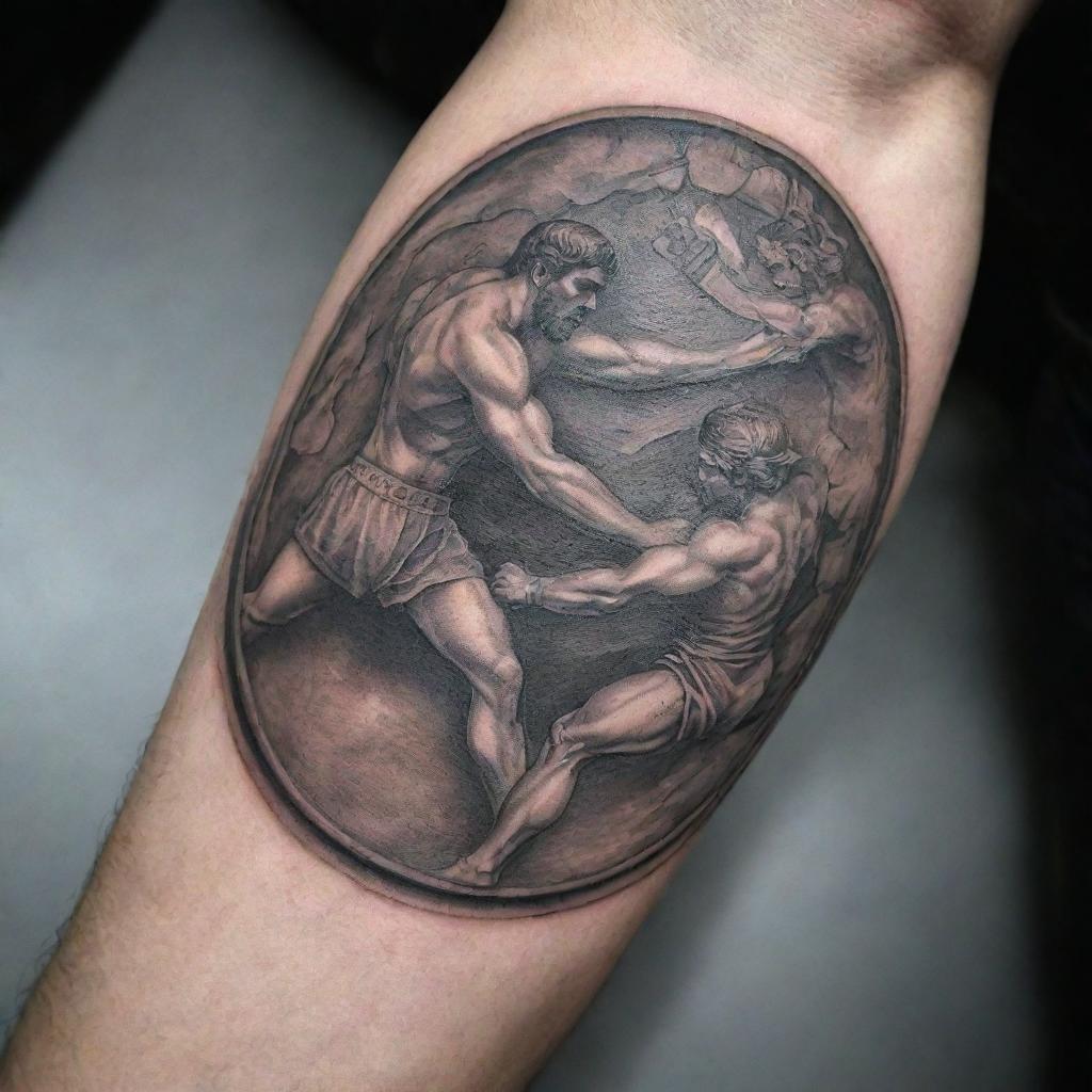 Create a detailed tattoo design showcasing a symbol of war from ancient Greece, merged with dynamic, compelling depictions of Greek boxing and Greco-Roman wrestling.