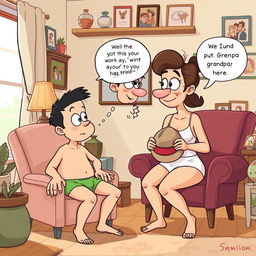 A whimsical cartoon illustration capturing a playful scene of Buster and his mom engaged in a lighthearted interrogation inside their home