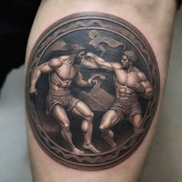 Create a detailed tattoo design showcasing a symbol of war from ancient Greece, merged with dynamic, compelling depictions of Greek boxing and Greco-Roman wrestling.