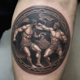 Create a detailed tattoo design showcasing a symbol of war from ancient Greece, merged with dynamic, compelling depictions of Greek boxing and Greco-Roman wrestling.