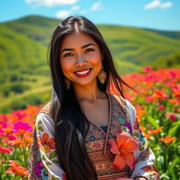 A stunning Filipino woman with long, flowing black hair, wearing a traditional Baro't Saya adorned with intricate patterns and vibrant colors