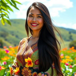 A stunning Filipino woman with long, flowing black hair, wearing a traditional Baro't Saya adorned with intricate patterns and vibrant colors