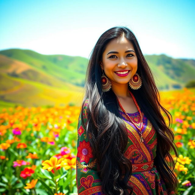 A stunning Filipino woman with long, flowing black hair, wearing a traditional Baro't Saya adorned with intricate patterns and vibrant colors