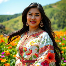 A stunning Filipino woman with long, flowing black hair, wearing a traditional Baro't Saya adorned with intricate patterns and vibrant colors