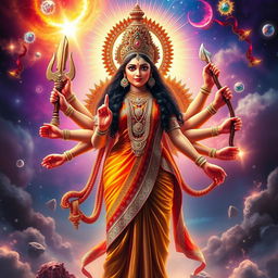 An artistic and captivating representation of Goddess Durga, depicted as a strong and powerful woman with multiple arms, showcasing her divine attributes