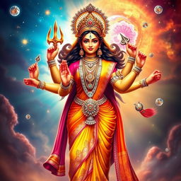 An artistic and captivating representation of Goddess Durga, depicted as a strong and powerful woman with multiple arms, showcasing her divine attributes