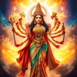 An artistic and captivating representation of Goddess Durga, depicted as a strong and powerful woman with multiple arms, showcasing her divine attributes