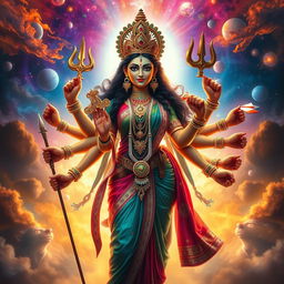 An artistic and captivating representation of Goddess Durga, depicted as a strong and powerful woman with multiple arms, showcasing her divine attributes