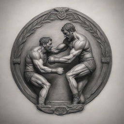 Create a detailed tattoo design showcasing a symbol of war from ancient Greece, merged with dynamic, compelling depictions of Greek boxing and Greco-Roman wrestling.