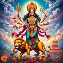 A powerful depiction of Goddess Durga, vibrant and majestic, standing on a lion, surrounded by intricate details of traditional Indian decorations