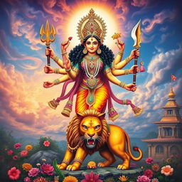 A powerful depiction of Goddess Durga, vibrant and majestic, standing on a lion, surrounded by intricate details of traditional Indian decorations