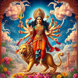 A powerful depiction of Goddess Durga, vibrant and majestic, standing on a lion, surrounded by intricate details of traditional Indian decorations