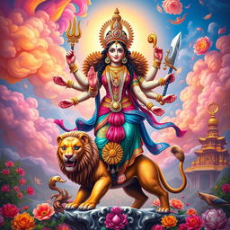 A powerful depiction of Goddess Durga, vibrant and majestic, standing on a lion, surrounded by intricate details of traditional Indian decorations