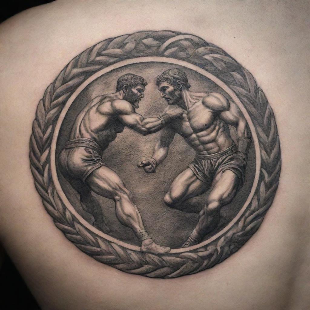 Create a detailed tattoo design showcasing a symbol of war from ancient Greece, merged with dynamic, compelling depictions of Greek boxing and Greco-Roman wrestling.