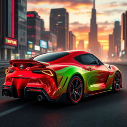 A Toyota Supra MK4 sports car, intricately designed with elements inspired by Pyra from Xenoblade Chronicles 2