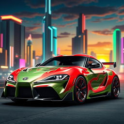 A Toyota Supra MK4 sports car, intricately designed with elements inspired by Pyra from Xenoblade Chronicles 2