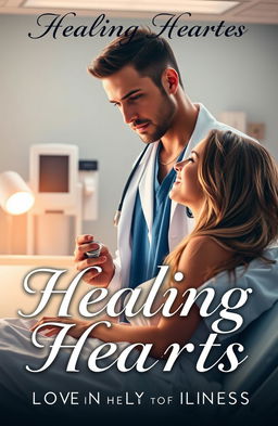 A captivating romance novel cover featuring a handsome, caring doctor in a medical coat, holding a stethoscope, standing in a brightly lit hospital room