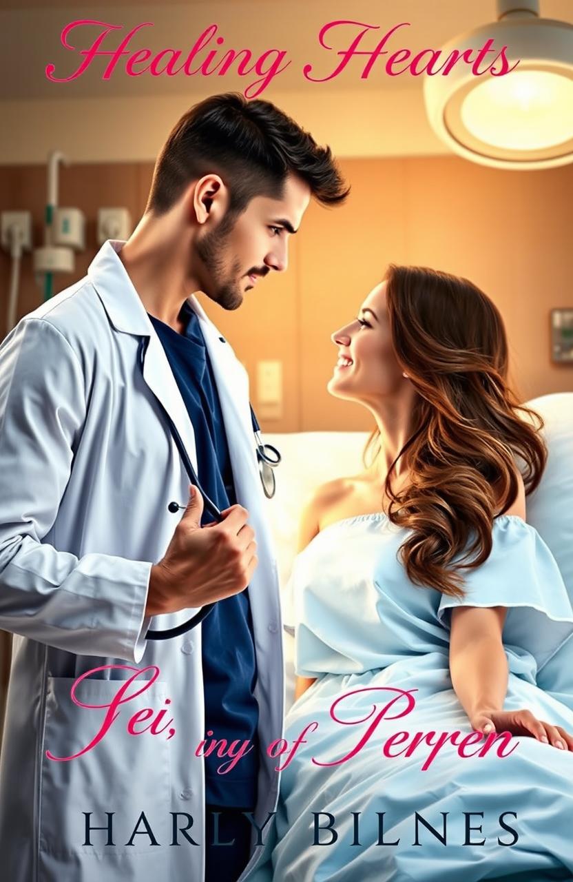 A captivating romance novel cover featuring a handsome, caring doctor in a medical coat, holding a stethoscope, standing in a brightly lit hospital room