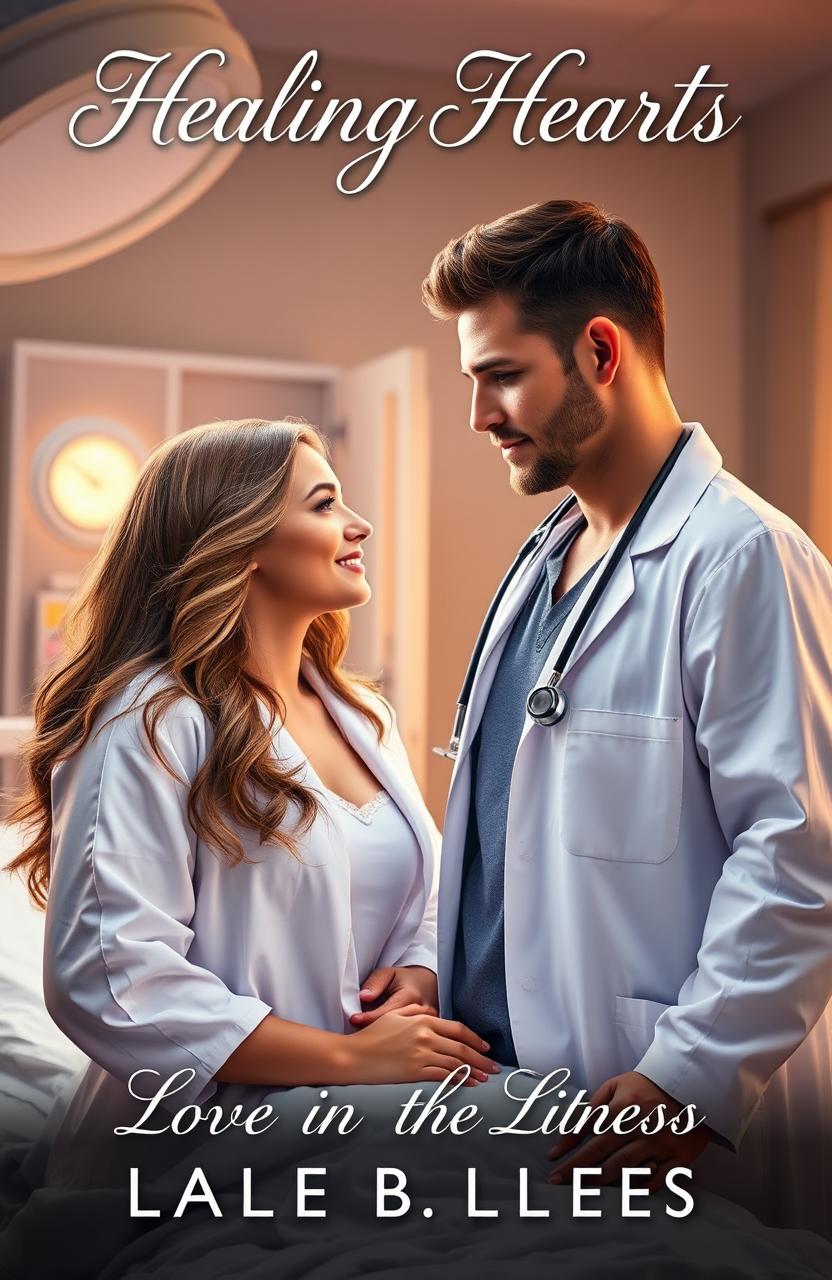 A captivating romance novel cover featuring a handsome, caring doctor in a medical coat, holding a stethoscope, standing in a brightly lit hospital room