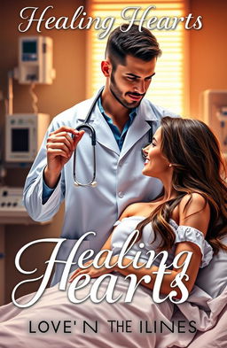 A captivating romance novel cover featuring a handsome, caring doctor in a medical coat, holding a stethoscope, standing in a brightly lit hospital room