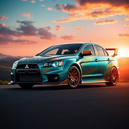 A Mitsubishi Lancer Evolution X, beautifully designed with elements inspired by Mythra from Xenoblade Chronicles 2