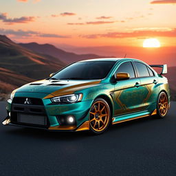 A Mitsubishi Lancer Evolution X, beautifully designed with elements inspired by Mythra from Xenoblade Chronicles 2