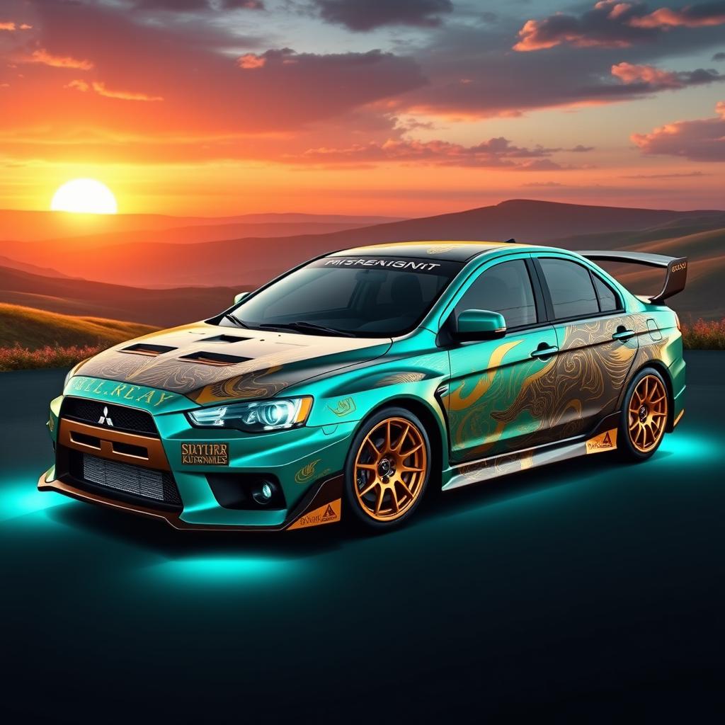 A Mitsubishi Lancer Evolution X, beautifully designed with elements inspired by Mythra from Xenoblade Chronicles 2