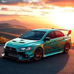 A Mitsubishi Lancer Evolution X, beautifully designed with elements inspired by Mythra from Xenoblade Chronicles 2