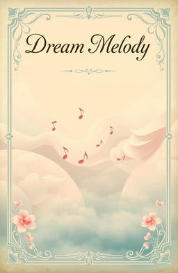 A vintage book cover design titled 'Dream Melody', featuring an ethereal scene of wispy clouds and soft musical notes gently flowing through the air