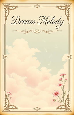 A vintage book cover design titled 'Dream Melody', featuring an ethereal scene of wispy clouds and soft musical notes gently flowing through the air